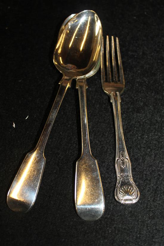 Pair Victorian silver table spoons and a silver dessert fork